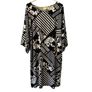 Chico’s Womens Emma Dress Size 2 US Medium Black‎ White Geo Floral Elbow Sleeve